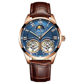 AILANG Double Tourbillon Design Business Men Mechanical Watch Fashion Leather Moon Phase Automatic Watches for Mens Reloj Hombre