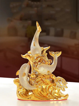 Modern Luxury Golden Dolphin Ceramic Decoration Home Livingroom Table Figurines Crafts Store Window Desktop Statue Accessories