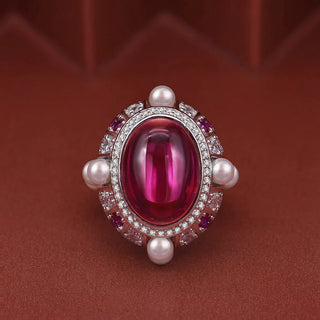 Oval Ruby Pearls Wedding Engagement Ring