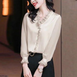 Office Lady Vintage Lace Ruffles Blouse