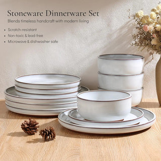 Stoneware Dinnerware Sets for 6, 18 Pieces Reactive Glaze Plates and Bowls Sets, Elegant Dishes with Rustic Terracotta Clay Base