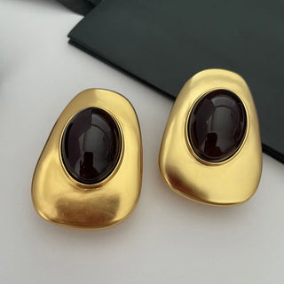 Oval design large crystal vintage earrings, dark green and dark red ear clips