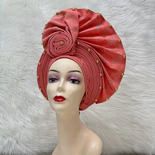 Gold African Headtie Elegant For Woman Nigerian Gele Already Made Auto Gele Turban Big Brim Party Headtie 1pcs/pack
