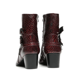 Men's Burgundy Snakeskin Ankle Boots: Chain, Buckles, Zip, Block Heel | Parties, Stage, Street | Rock Punk Style