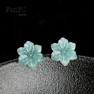 Natural Jadeite Blue Water Orchid Earrings S925 Silver Inlaid Hand-carved Exquisite Ancient Style Jade Petal Earrings Lady Gift