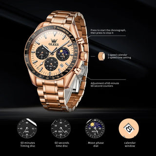 OLEVS Brand New Luxury Rose Gold Quartz Watch Men Stainless Steel Waterproof Luminous Date Moon Phase Chronograph Watches Mens