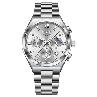LIGE Luxury Man Watch Waterproof Calendar Business Quartz Wristwatch Fashion Moon Phase Gold Stainless Steel Men Watches Clock