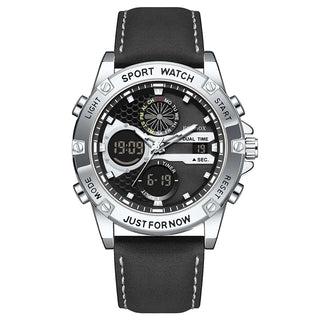 FOXBOX Outdoor Fashion Electronic Watches for Men Casual Sports Leather Waterproof Weeks Dual Digital Display Quartz Chronograph