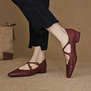 British Women Leather Strap Buckle Flats