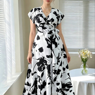 Elegant Floral Wrap V-Neck Midi Dress