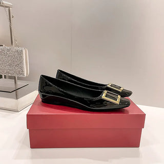 Square Buckle High Heels Square Toe Patent Leather Chunky Heel Pumps Women's Mid Heel Flat Women's Shoes Heels Women 2024 New