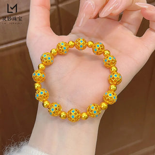 The same style as gold shop 24K real gold enamel hollow filament round bead bracelet au999 gold bracelet retro fashion