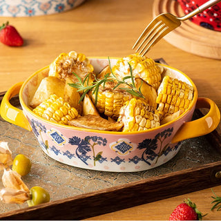 Bohemian Relief Double Ear Bowl, Ceramic Plate, Soup Plate, Oval Baking Tray, Tableware, Salad Bowl, Kitchen Utensils