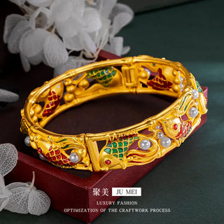 Luxury 24K 9999 Pure Gold real gold Burned Blue Buckle Pearl Koi Women's Open Bracelet Bracelet