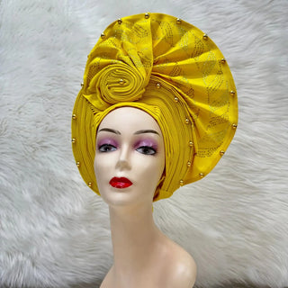 Gold African Headtie Elegant For Woman Nigerian Gele Already Made Auto Gele Turban Big Brim Party Headtie 1pcs/pack
