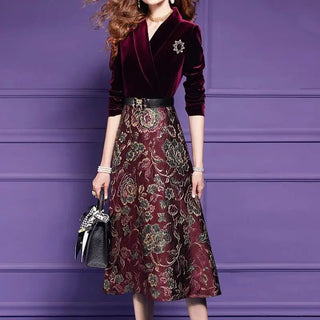 Vintage Jacquard Patchwork Velvet Dress Women Autumn Winter New Elegant Notch Collar Long Sleeved A-Line Party Midi Dresses J974