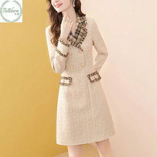 Autumn Fashion Plaid Printed Suit Dress Women Long Sleeved Notch Neck Double Breasted Dress Office Lady Slim Mini Dresses 605B