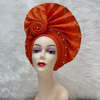 Gold African Headtie Elegant For Woman Nigerian Gele Already Made Auto Gele Turban Big Brim Party Headtie 1pcs/pack