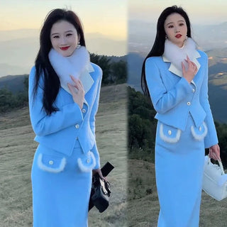 Autumn New Temperament Fur Patchwork Suit Elegant Pearl Buttons Women Jacket+High Waist Midi Skirt Celebrity Party Outfits 948P