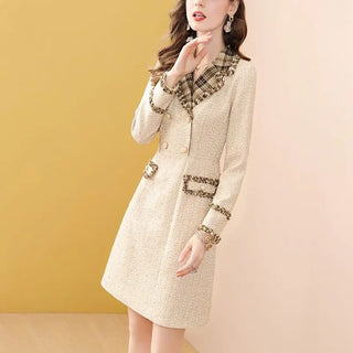 Autumn Fashion Plaid Printed Suit Dress Women Long Sleeved Notch Neck Double Breasted Dress Office Lady Slim Mini Dresses 605B