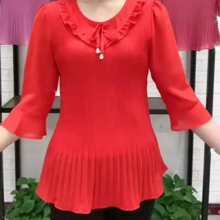 Pleated 3/4 Sleeve Casual O-Neck Blouse