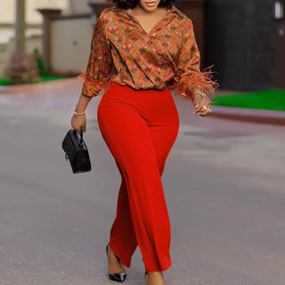 Office Ladies Fashion Print 2Pcs Pants Sets