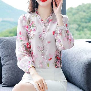 Elegant Floral Print Chiffon Blouse