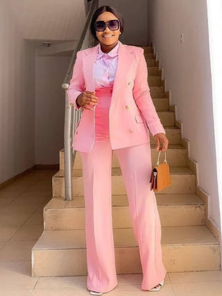 Business Women Suits Blazer Sets 2 Piece Fall Winter Formal Pink Jacket Wide Leg Pants Outfits Suit Elegant
