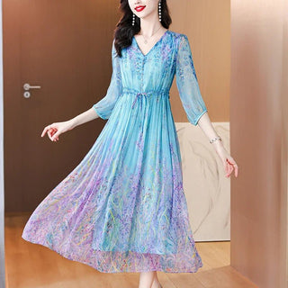 Floral Ruffled Silk Midi Elegant Party Dress - Epictzar Intl.