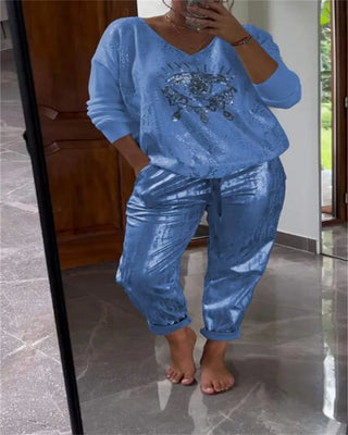 Plus-size suit women's casual fashion metal eye decoration long-sleeved shirt casual pants plus-size women's clothing