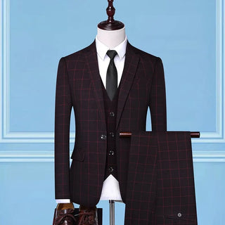 Men's Handsome Business Casual Plaid Three-Piece Set High-End Suit Fashion with Vest And Trousers for Wedding