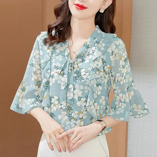 Floral Chiffon Flared Sleeves Blouse