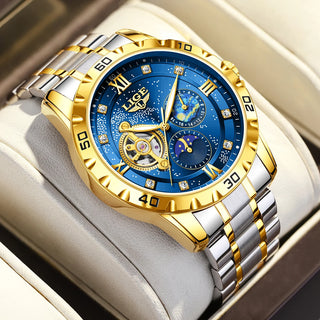 LIGE Man Mechanical Watch Stainless Steel Luxury Moon Phase Business Skeleton Waterproof Casual Automatic Movement Men's Watches