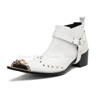 Men's Western Thick Heel Ankle Boots White Snake Skin Leather Metal Toe Rivet Decorated Handmade Buckle Strap Dress Shoes
