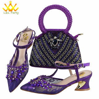 Orange Color New Arrivals Italian Design Nigerian Women Shoes and Bag Set Pointed Toe Slipper with Shinning Crystal for Party