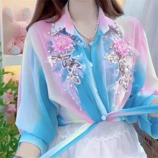 Sleeves Rainbow Thin Loose Chiffon Shirt