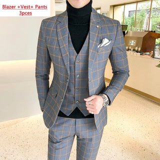 Blazer and Vest and Pants / Boutique Fashion Plaid Men's Casual Business Suit 3pcs Set Groom Wedding Dress Performance Costume