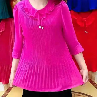 Pleated 3/4 Sleeve Casual O-Neck Blouse
