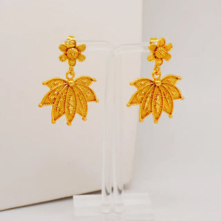Women's 24K Gold Leaf-Shaped Set (Necklace/Earrings/Bracelet/Ring), AU999 Hammered with textured leaves,symbolizing life's cycle
