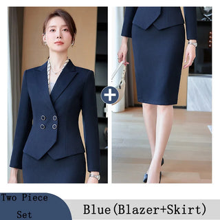 New Arrival Elegant Ladies Formal Skirt Suit Women Orange Blue Pink Double Breasted Female Blazer Set for Business Work Wear