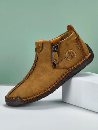 New Classic Handmade Leather Men Shoes Zipper Design Outdoor Sneakers Slip On Breathable Casual Shoes Leather Men Ankle Boots