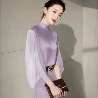 French Elegant Women's Party Outfits Autumn New Fashion Stand Collar Blouse + Temperament Bag Hip Midi Skirt Suit 2Pcs Set 433P