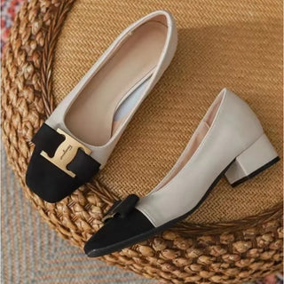 New Temperament Elegant Fashion High-heeled Shoes Women's Shoes Spring Bow Mid-heel Leather All-match Thick-heeled Shoes