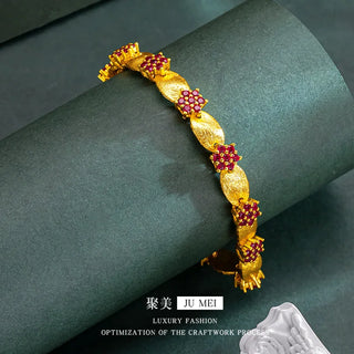 Luxury 24K 9999 Pure Gold real gold Women's Red Diamond Forged Band Plum Blossom Bracelet