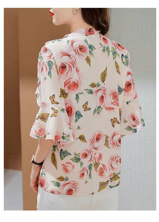 Floral Chiffon Flared Sleeves Blouse