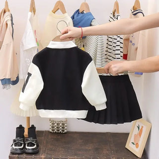 Autumn Baby Girls Clothes Sets Infant Sports Baseball Uniform Letter Cardigan Jackets Top and  Pleated Skirt Suit Kid Outfits