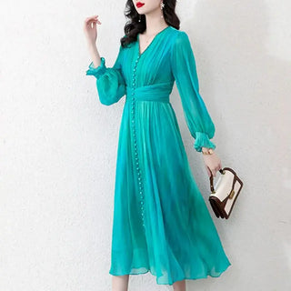 Vintage Print Women Holiday Dress Elegant Beading V-Neck Long Sleeve Slim High Waist Midi Dress Female Summer Robe Clothing J099