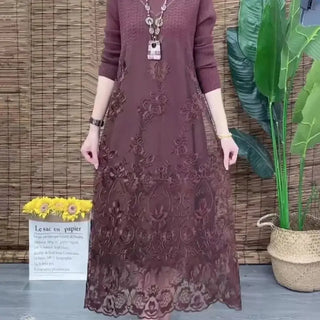 Elegant Floral Embroidered Patchwork Knit Dress Women Autumn Long Sleeve High Neck Beaded A-Line Party Midi Dresses Robe 633B