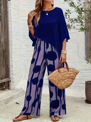 Women's casual plus size suits Spring and summer suits Round neck Geometric pattern Bat short sleeve top and straight pants Wome
