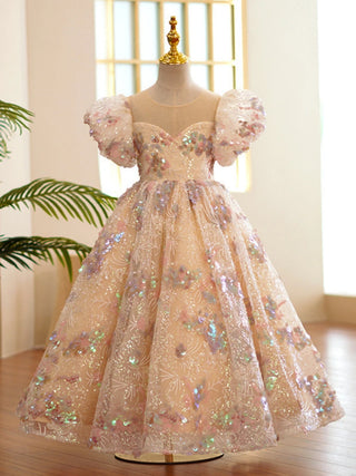Sequined Puff Sleeve Flower Girls Dress